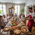 Parfait ! Maintenant rajoute juste un four à pizza que l'on voit bien que tout est fait minute et rends cette image encore plus réaliste (surtout au niveau des plats sur la table et des convives)