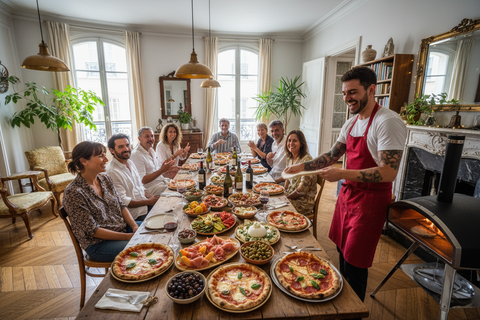 Parfait ! Maintenant rajoute juste un four à pizza que l'on voit bien que tout est fait minute et rends cette image encore plus réaliste (surtout au niveau des plats sur la table et des convives)